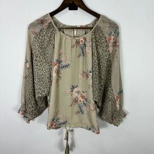 Cato Sheer Floral Leopard Top Boho Blouse Womens Medium Earthy Romantic Indie